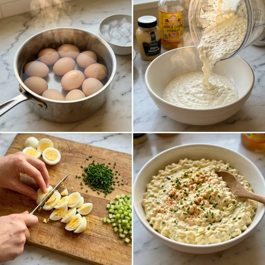 4-step cooking process collage for high protein cottage cheese egg salad showing boiling, blending, chopping, and finishing