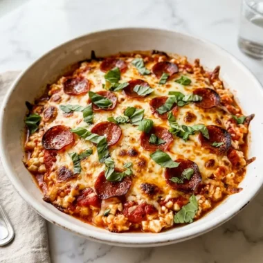 high protein cottage cheese pizza bowl with melted mozzarella, pepperoni, and fresh basil