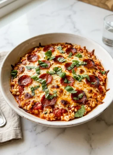 high protein cottage cheese pizza bowl with melted mozzarella, pepperoni, and fresh basil