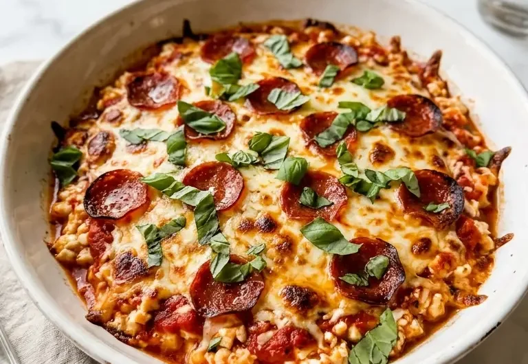 high protein cottage cheese pizza bowl with melted mozzarella, pepperoni, and fresh basil