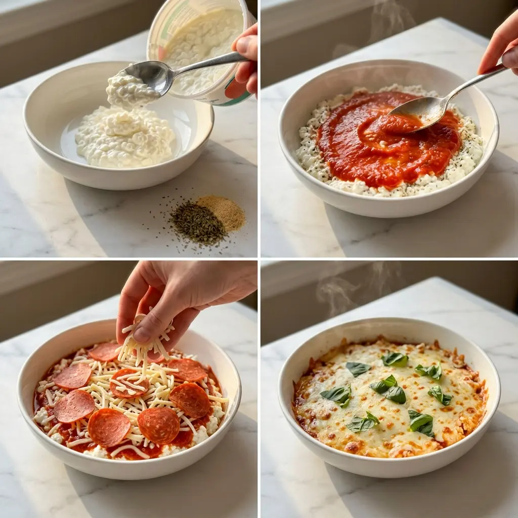 4-step cooking process collage for high protein cottage cheese pizza bowl showing prep, layering, and serving
