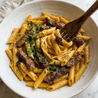 Creamy Cajun Steak Penne Pasta in a white ceramic bowl with tender steak and golden sauce
