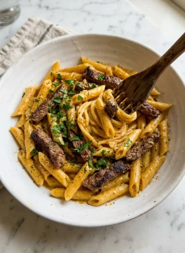 Creamy Cajun Steak Penne Pasta in a white ceramic bowl with tender steak and golden sauce