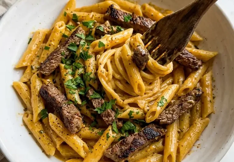 Creamy Cajun Steak Penne Pasta in a white ceramic bowl with tender steak and golden sauce