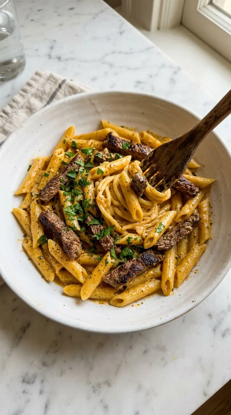 Creamy Cajun Steak Penne Pasta in a white ceramic bowl with tender steak and golden sauce