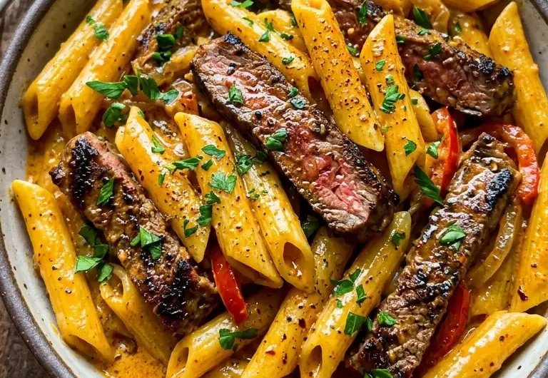Creamy Cajun Steak Penne Pasta Pinterest pin with tender steak and creamy sauce
