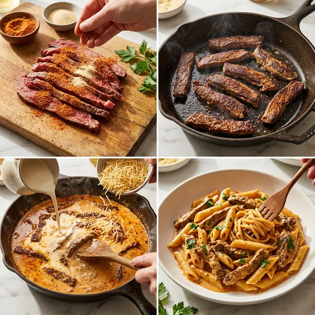 4-step cooking process for Creamy Cajun Steak Penne Pasta showing seasoning, searing, sauce, and plating