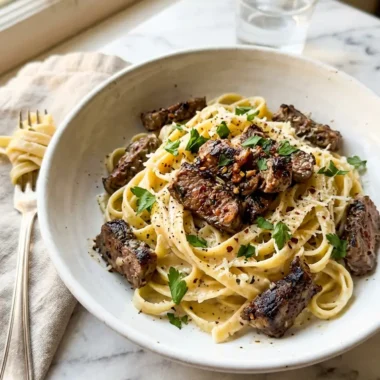 creamy garlic butter steak pasta with tender steak slices and glossy sauce in white bowl