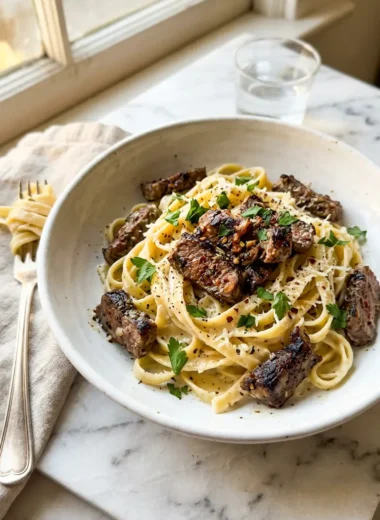 creamy garlic butter steak pasta with tender steak slices and glossy sauce in white bowl