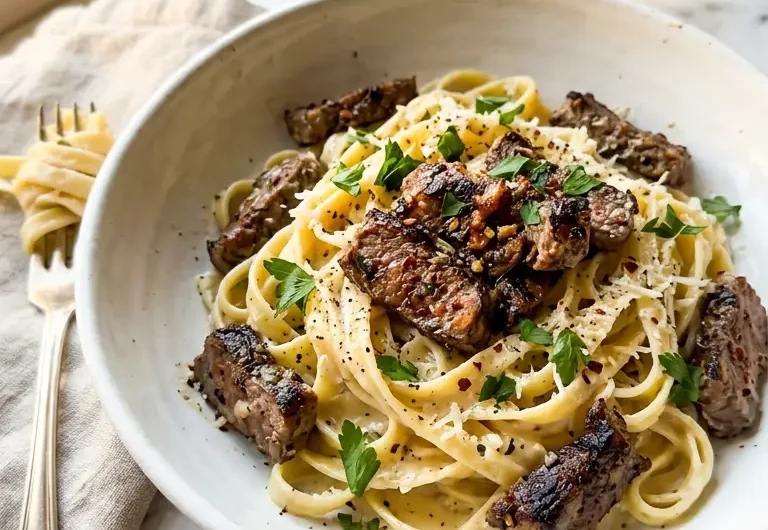 creamy garlic butter steak pasta with tender steak slices and glossy sauce in white bowl