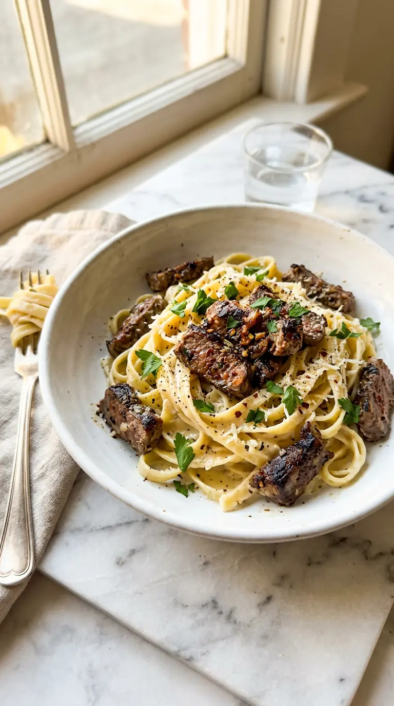 creamy garlic butter steak pasta with tender steak slices and glossy sauce in white bowl