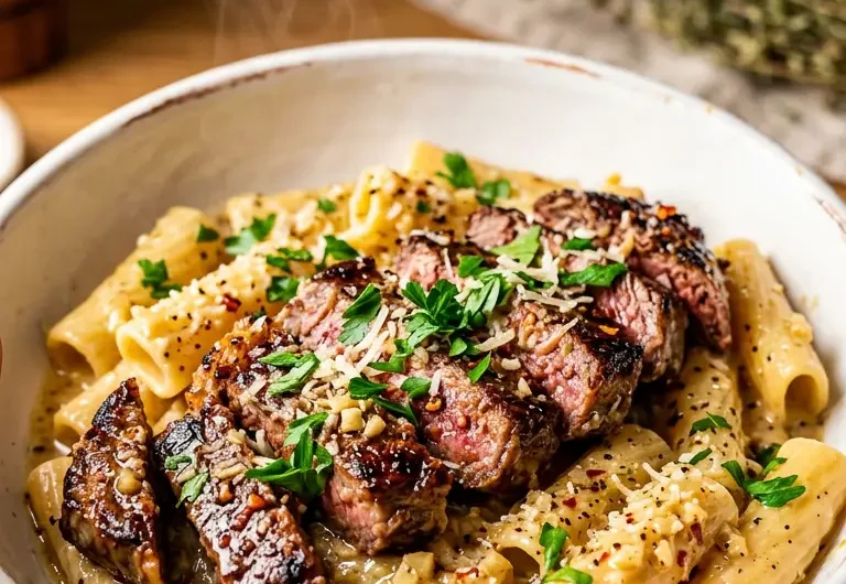 Pinterest pin image for creamy garlic butter steak pasta with glossy sauce and tender steak