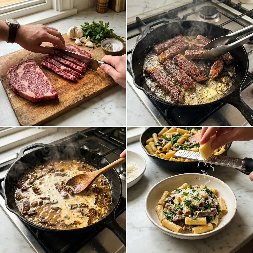 4-step cooking process collage for creamy garlic butter steak pasta showing prep, searing, sauce, and combining