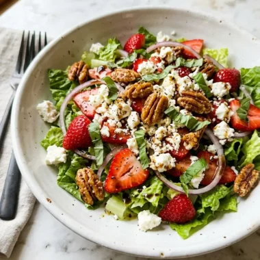 Close-up of crunchy strawberry romaine feta salad in a white ceramic bowl with honey balsamic dressing