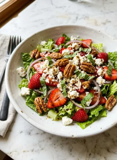 Close-up of crunchy strawberry romaine feta salad in a white ceramic bowl with honey balsamic dressing
