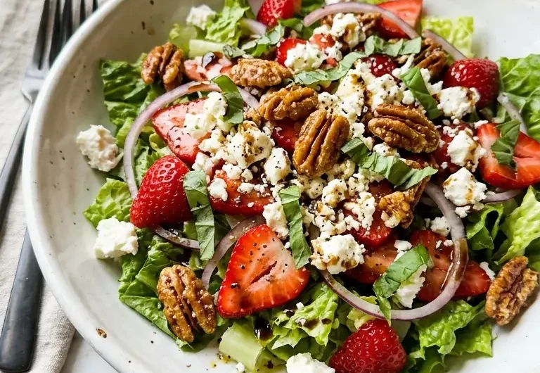 Close-up of crunchy strawberry romaine feta salad in a white ceramic bowl with honey balsamic dressing
