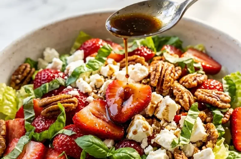 Pinterest pin image for crunchy strawberry romaine feta salad with honey balsamic dressing