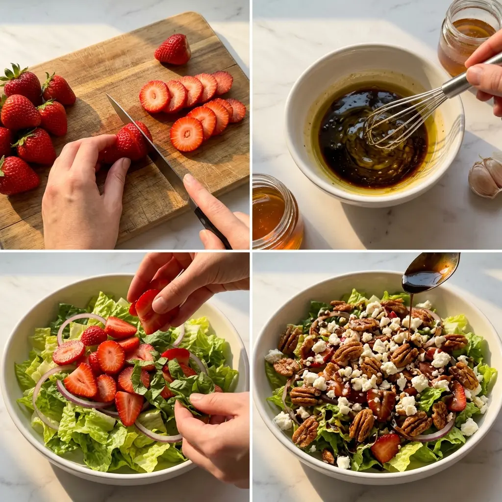 4-step cooking process collage for crunchy strawberry romaine feta salad showing slicing, dressing, building, and finishing
