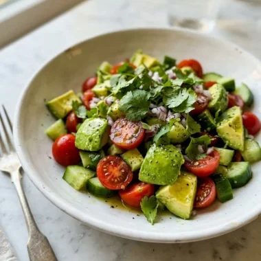 Cucumber tomato avocado salad in a white ceramic bowl with fresh herbs and olive oil drizzle