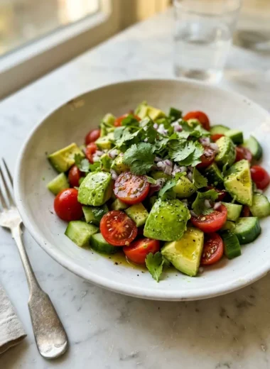 Cucumber tomato avocado salad in a white ceramic bowl with fresh herbs and olive oil drizzle