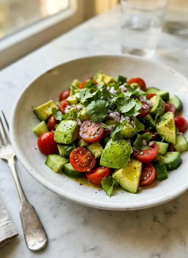 Cucumber tomato avocado salad in a white ceramic bowl with fresh herbs and olive oil drizzle