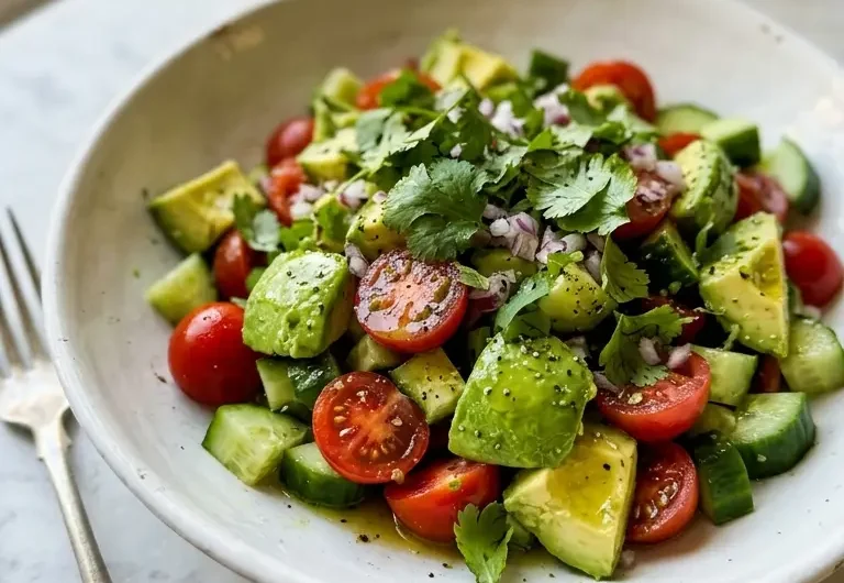 Cucumber tomato avocado salad in a white ceramic bowl with fresh herbs and olive oil drizzle