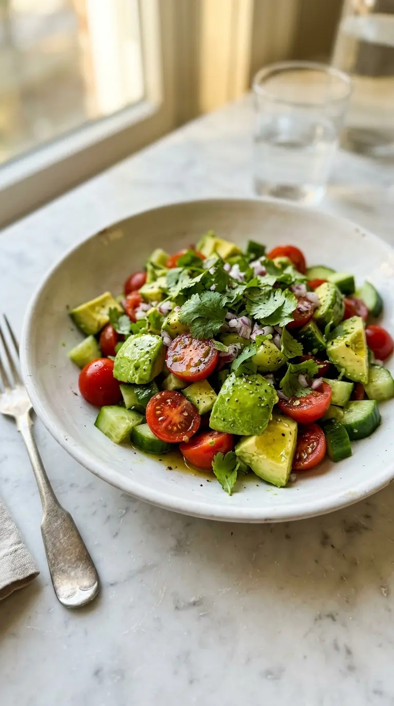 Cucumber tomato avocado salad in a white ceramic bowl with fresh herbs and olive oil drizzle