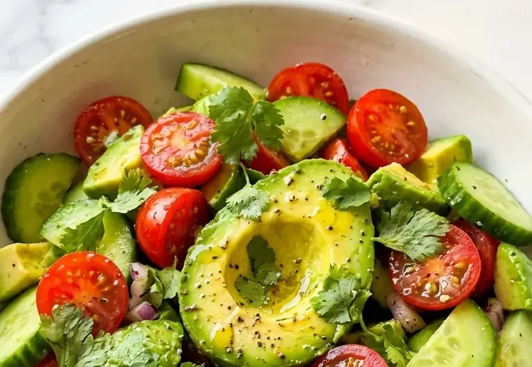 Pinterest pin image for cucumber tomato avocado salad recipe close-up