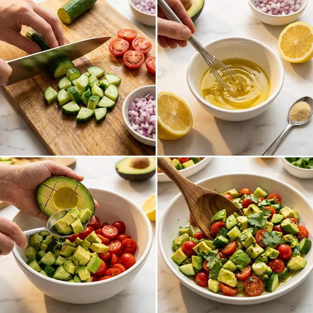 4-step cooking process collage for cucumber tomato avocado salad showing chopping, dressing, avocado prep, and tossing