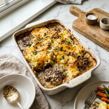 Easy Amish Hamburger Steak Bake served in a cast-iron skillet with mushroom gravy and fresh parsley garnish