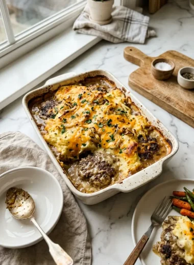 Easy Amish Hamburger Steak Bake served in a cast-iron skillet with mushroom gravy and fresh parsley garnish