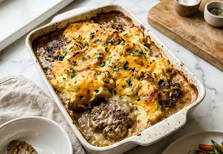 Easy Amish Hamburger Steak Bake served in a cast-iron skillet with mushroom gravy and fresh parsley garnish