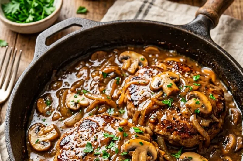 Pinterest pin image for Easy Amish Hamburger Steak Bake comfort dinner recipe