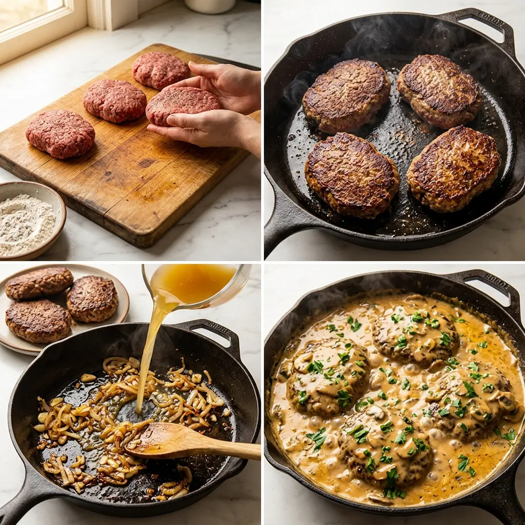 4-step cooking process collage for Easy Amish Hamburger Steak Bake showing prep, searing, gravy building, and baking