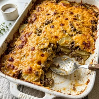 5-ingredient hamburger and potato casserole in white baking dish with golden bubbling cheddar crust
