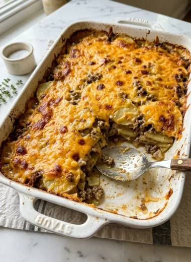 5-ingredient hamburger and potato casserole in white baking dish with golden bubbling cheddar crust