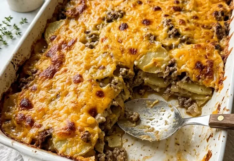 5-ingredient hamburger and potato casserole in white baking dish with golden bubbling cheddar crust