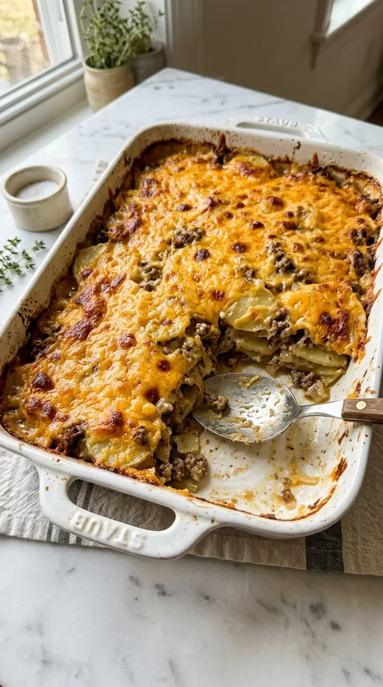 5-ingredient hamburger and potato casserole in white baking dish with golden bubbling cheddar crust