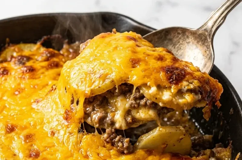 Pinterest pin image for 5-ingredient hamburger and potato casserole with golden cheddar crust close-up
