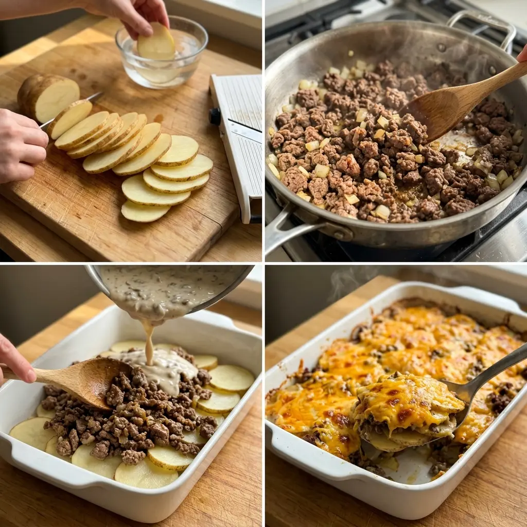 4-step cooking process collage for 5-ingredient hamburger and potato casserole showing prep, browning, layering, and serving