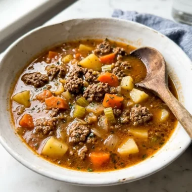 hamburger stew in a white ceramic bowl with tender beef, potatoes, and carrots in rich broth