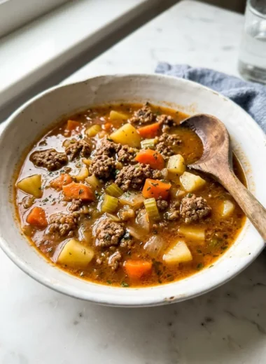 hamburger stew in a white ceramic bowl with tender beef, potatoes, and carrots in rich broth
