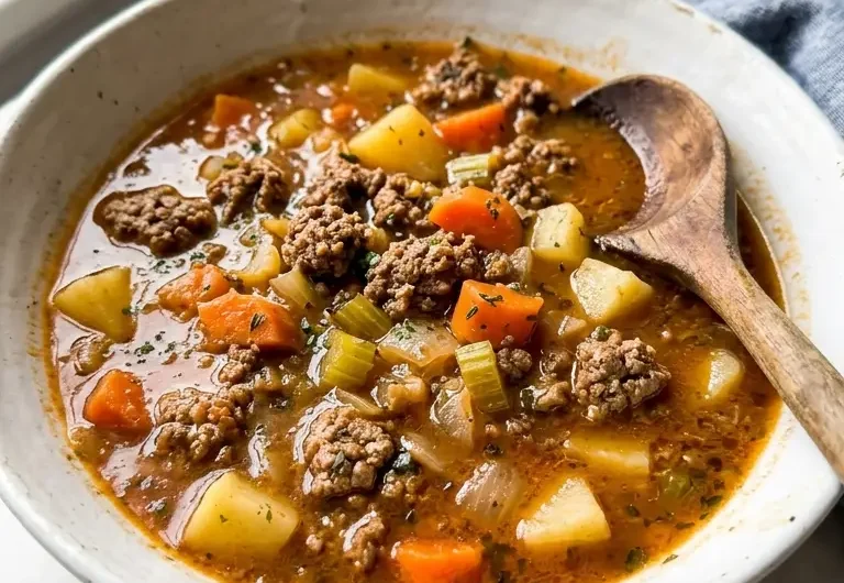 hamburger stew in a white ceramic bowl with tender beef, potatoes, and carrots in rich broth