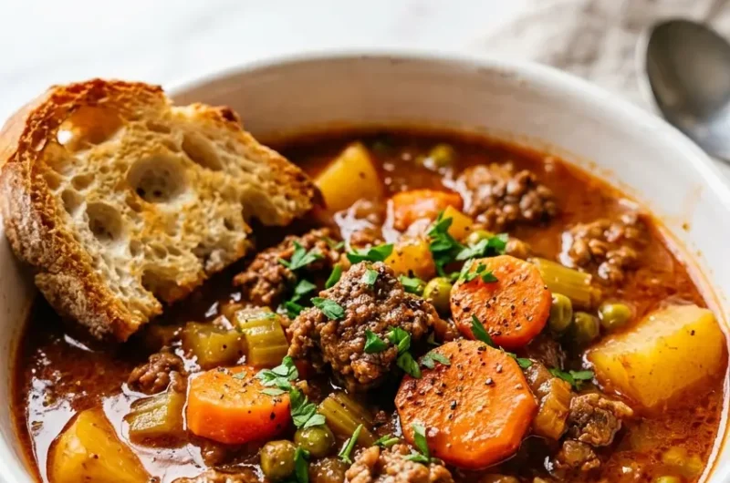 Pinterest pin image for hamburger stew with thick savory broth, ground beef, and tender vegetables
