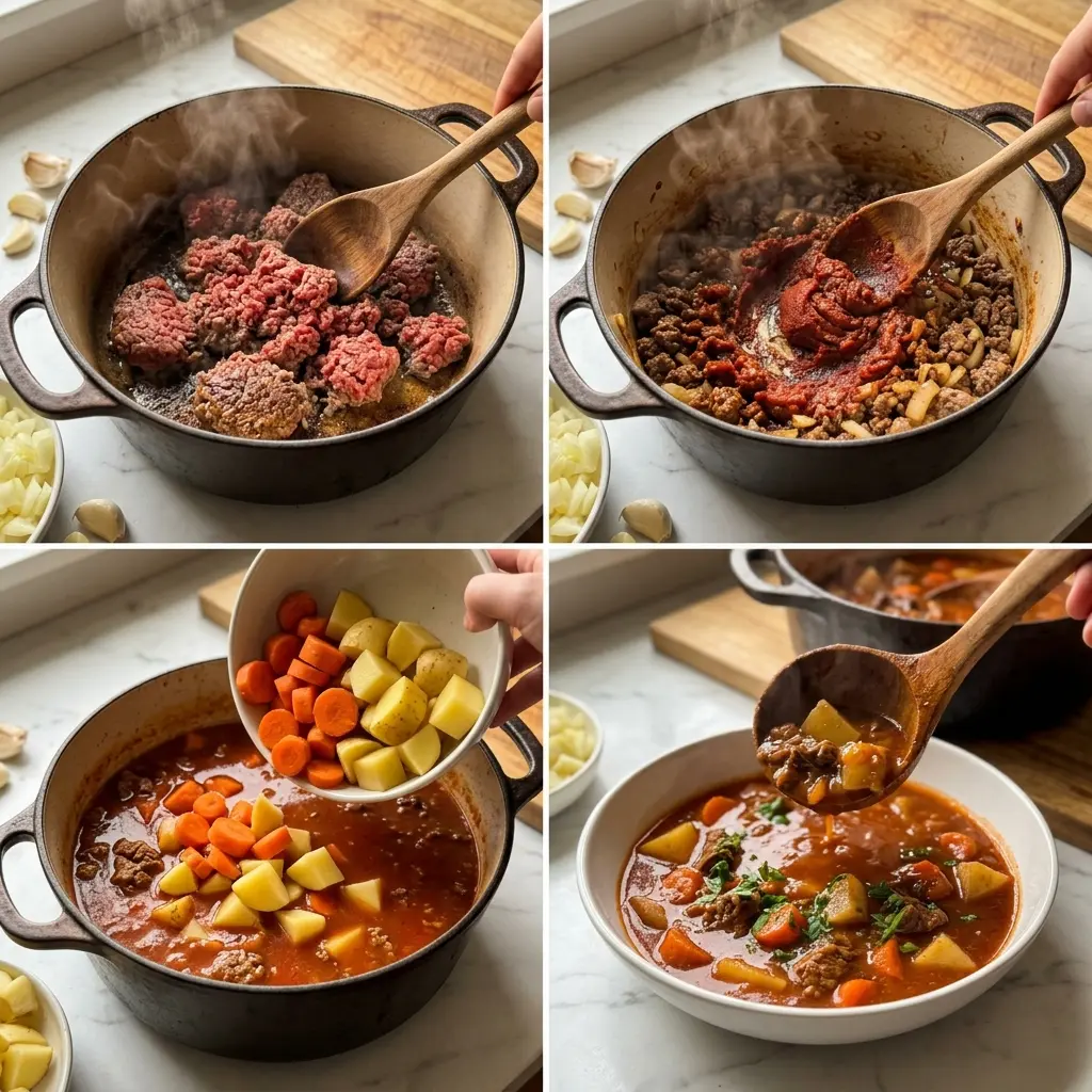 4-step cooking process collage for hamburger stew showing browning beef, building base, adding vegetables, and plating