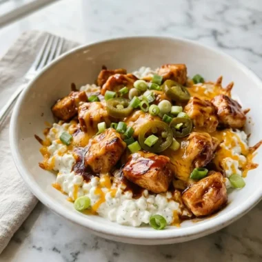 high protein BBQ chicken ranch bowl in white ceramic bowl with melted cheddar and green onions