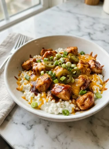 high protein BBQ chicken ranch bowl in white ceramic bowl with melted cheddar and green onions