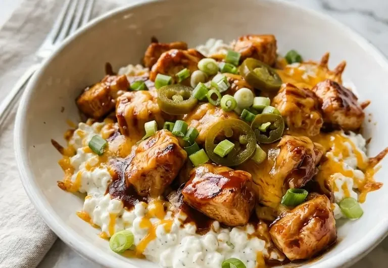 high protein BBQ chicken ranch bowl in white ceramic bowl with melted cheddar and green onions