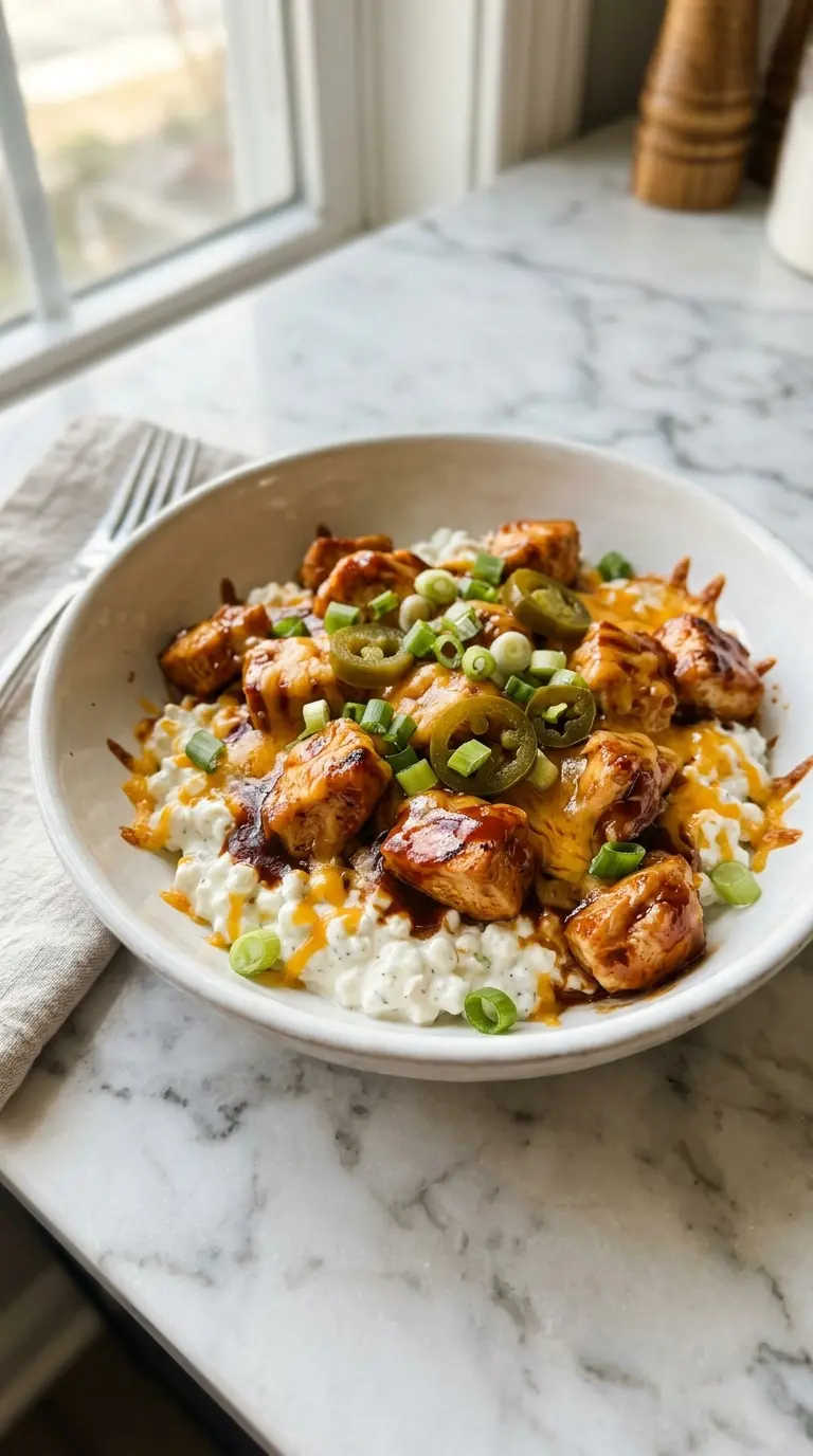 high protein BBQ chicken ranch bowl in white ceramic bowl with melted cheddar and green onions