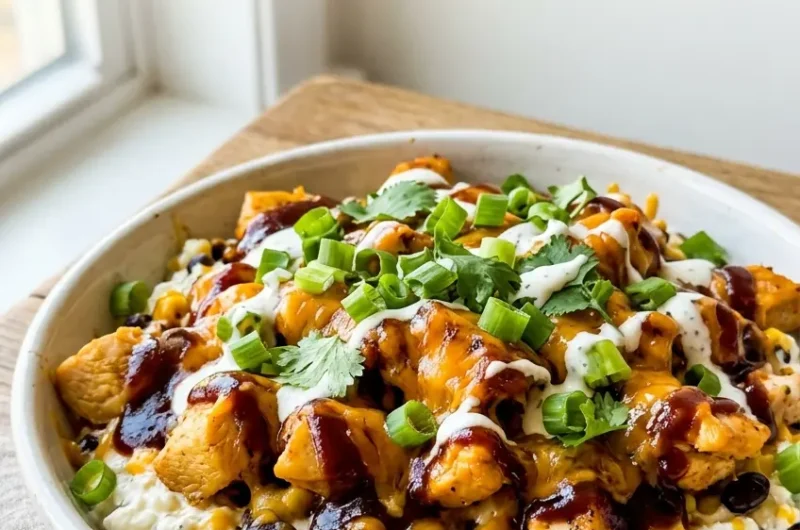 Pinterest pin image for high protein BBQ chicken ranch bowl with smoky BBQ sauce and melted cheddar